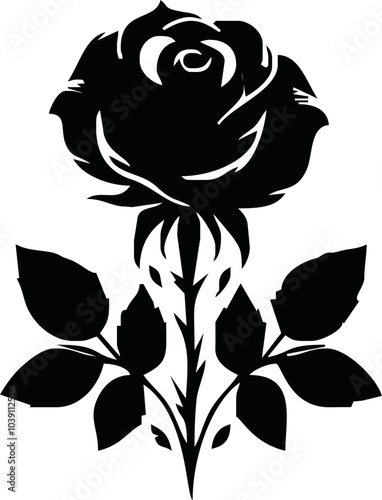 Roses flat black icon. Rose Art Beautiful Black and White Rose Illustration, Flowers silhouette icons.