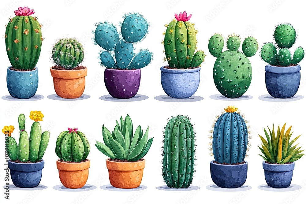 Collection of potted cactus plants. Ideal for illustrating gardening, home decor, or desert themes. Collection of potted cactus plants. Ideal for illustrating gardening, home decor, or desert themes.