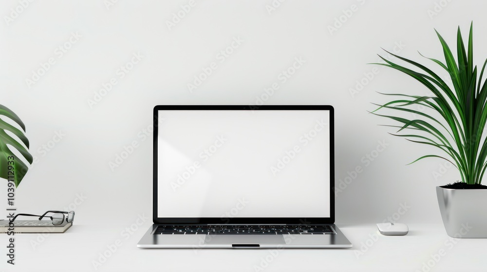 Laptop with blank white screen on a minimalistic desk with green potted plants and accessories. Concept of workspace, remote work, and modern design. Laptop with blank white screen on a minimalistic desk with green potted plants and accessories. Concept of workspace, remote work, and modern design.