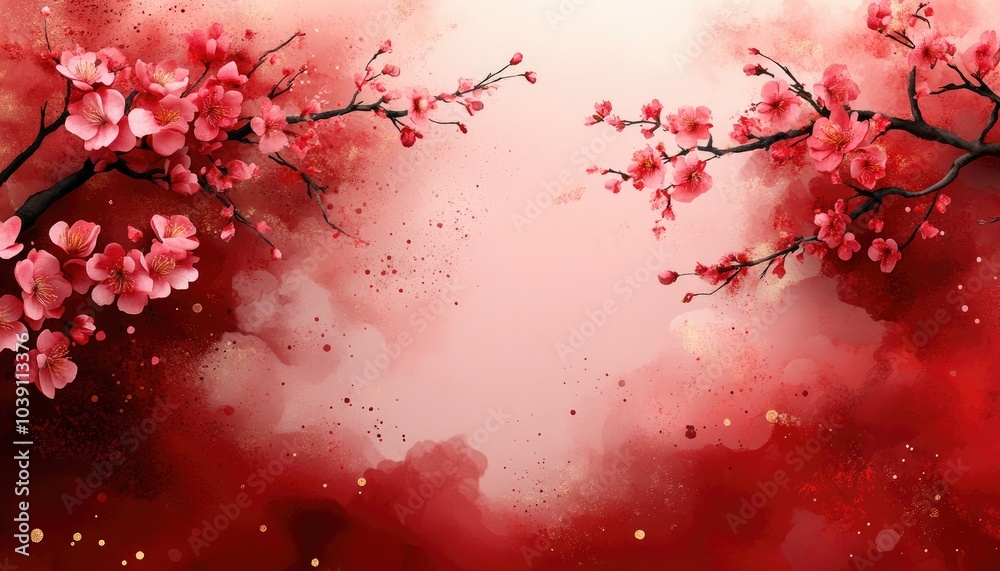 Red and gold watercolor background with cherry blossoms. Perfect for greeting cards, invitations, and other celebratory designs. Red and gold watercolor background with cherry blossoms. Perfect for greeting cards, invitations, and other celebratory designs.