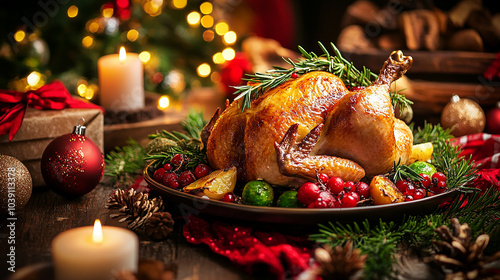 Christmas chicken meal in a festive ambiance photo