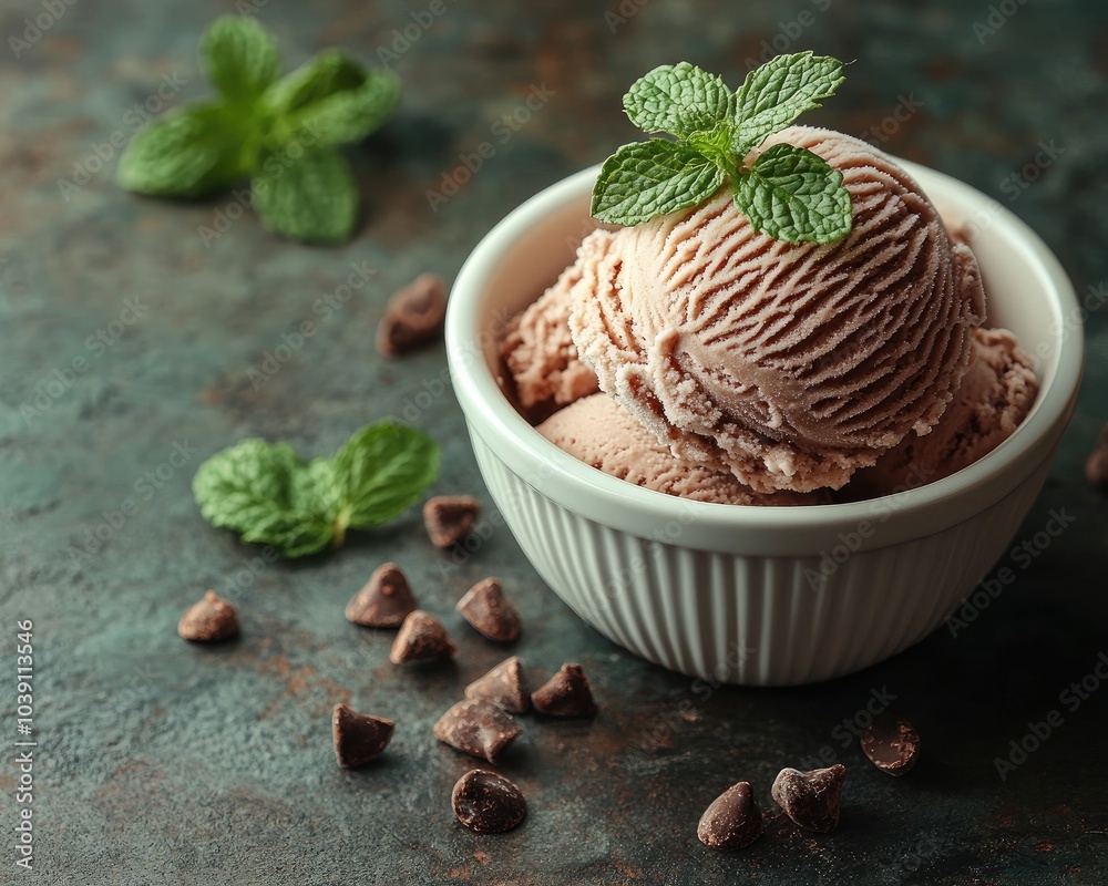 Chocolate ice cream with mint in a bowl. Perfect for advertising chocolate ice cream, desserts, or refreshing summer treats.