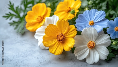 Vibrant yellow, white, and blue flowers. A close-up photo of delicate flowers, ideal for representing beauty, nature, and growth.