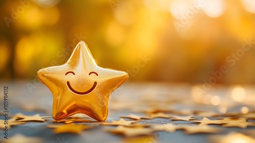 Joyful, shiny gold star toy with a playful smile, embodying fun, positivity, and happiness, perfect for boosting customer satisfaction and kids' laughter