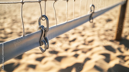 A volleyball net tensioner with metal hooks, outdoor setting on sand court, Practical style photo