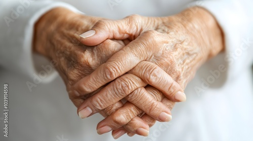 Close-up of aged hands, displaying wrinkles and rough skin, transitioning into young, revitalized hands with smooth, radiant skin, glowing softly