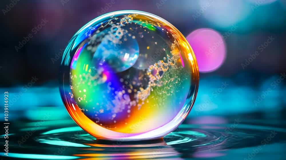 A large, colorful soap bubble sits on the surface of a blue liquid, creating ripples A large, colorful soap bubble sits on the surface of a blue liquid, creating ripples