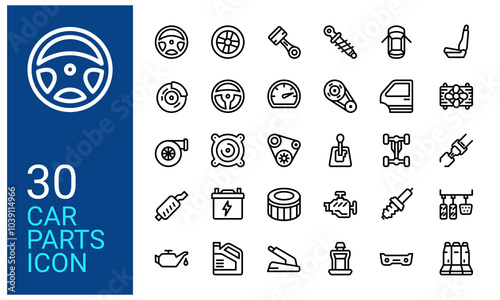 Car parts icon set. Outline car spare parts icon collection. Suitable for automotive technology app.