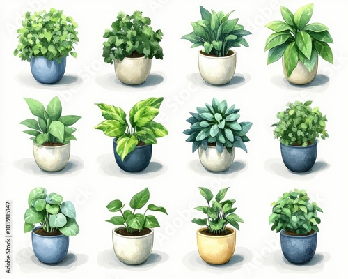 Collection of potted plants. These plants are perfect for adding life and vibrancy to your home decor, office space, or website design.