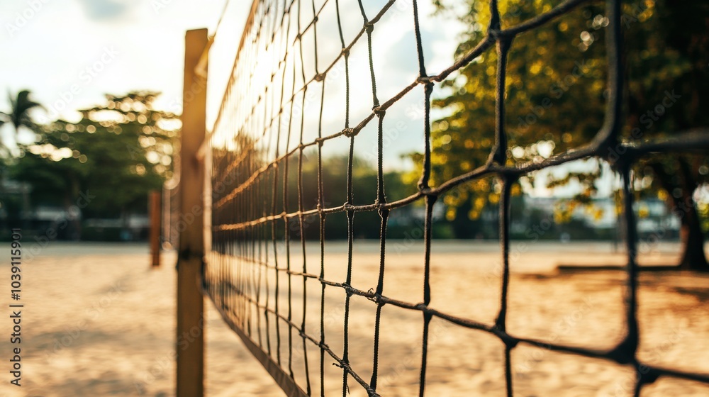 Fototapeta premium A volleyball net with netting details, outdoor setting with beach ambiance, Vibrant style