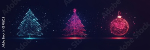 Minimalist glowing line art showcases festive Christmas trees and ornaments against a dark backdrop, creating a magical holiday ambiance. Generative AI