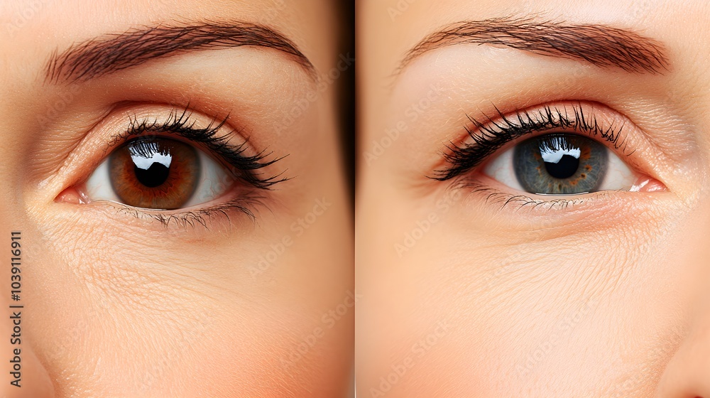 Fototapeta premium Capture a detailed close-up of facial features like eyes and mouth before and after a facelift to show improvements in skin smoothness
