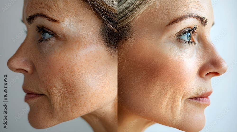 Obraz premium Before-and-after photo of a woman in the same outfit, emphasizing the visible changes in her figure post-weight loss, from tight-fitting to a more comfortable, flattering fit