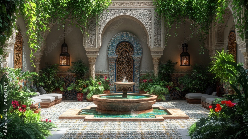 Fototapeta premium Serene courtyard with a fountain and lush greenery.