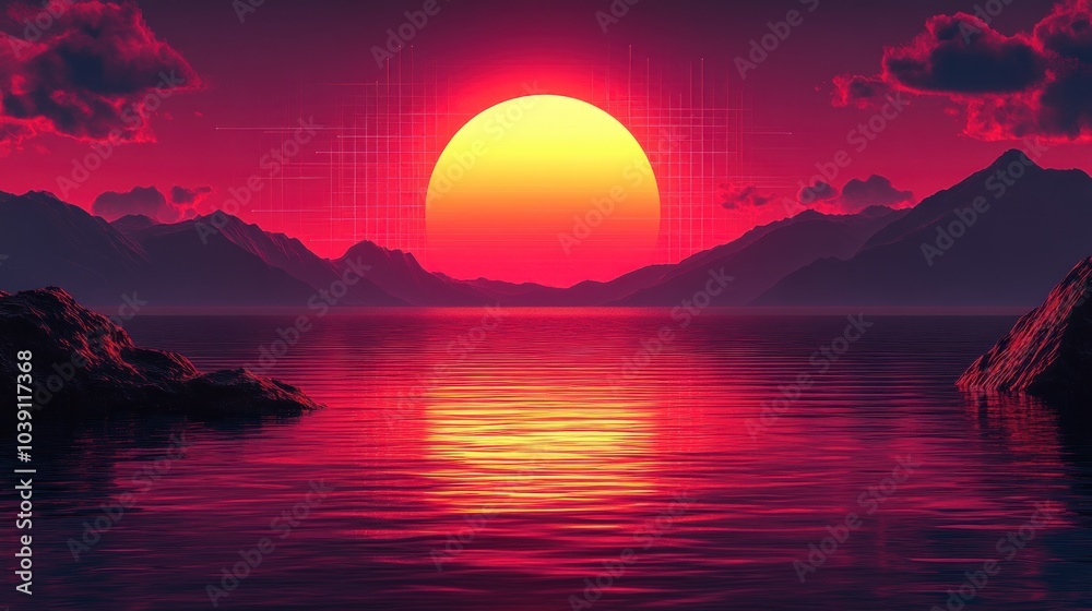 Naklejka premium Sunset Over Mountains and Water