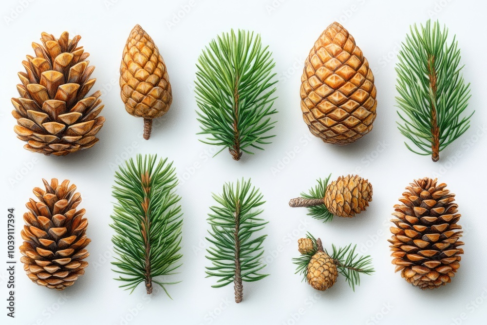 Pine cones and branches isolated. Use for Christmas and nature themes. Pine cones and branches isolated. Use for Christmas and nature themes.