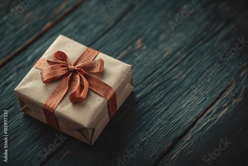 Christmas presents with rustic ribbon on dark wooden background in vintage style. Selective focus - generative ai