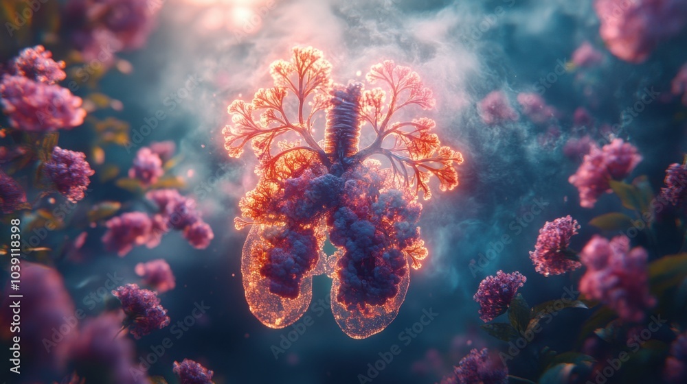 Naklejka premium Lungs illuminated amidst vibrant flowers, symbolizing life and health.