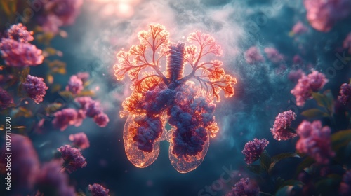 Lungs illuminated amidst vibrant flowers, symbolizing life and health.