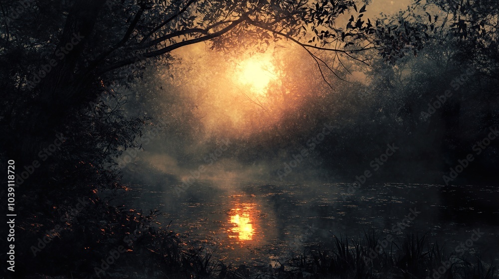 Misty Forest River with Golden Sunlight Misty Forest River with Golden Sunlight