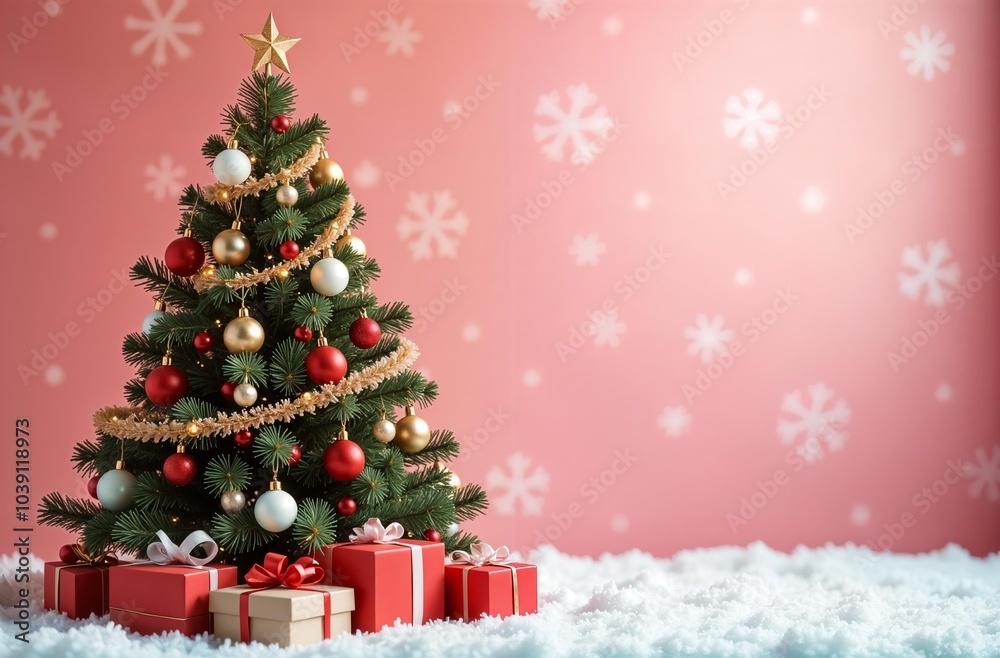 Christmas tree adorned with pink ornaments and shimmering garlands on a pink background. Stylish simple design with lots of free space for your visual elements. Space for text Christmas tree adorned with pink ornaments and shimmering garlands on a pink background. Stylish simple design with lots of free space for your visual elements. Space for text