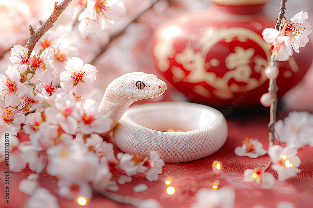 Fototapeta premium A white snake is curled up on a red table with pink flowers in the background