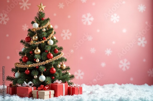 Christmas tree adorned with pink ornaments and shimmering garlands on a pink background. Stylish simple design with lots of free space for your visual elements. Space for text