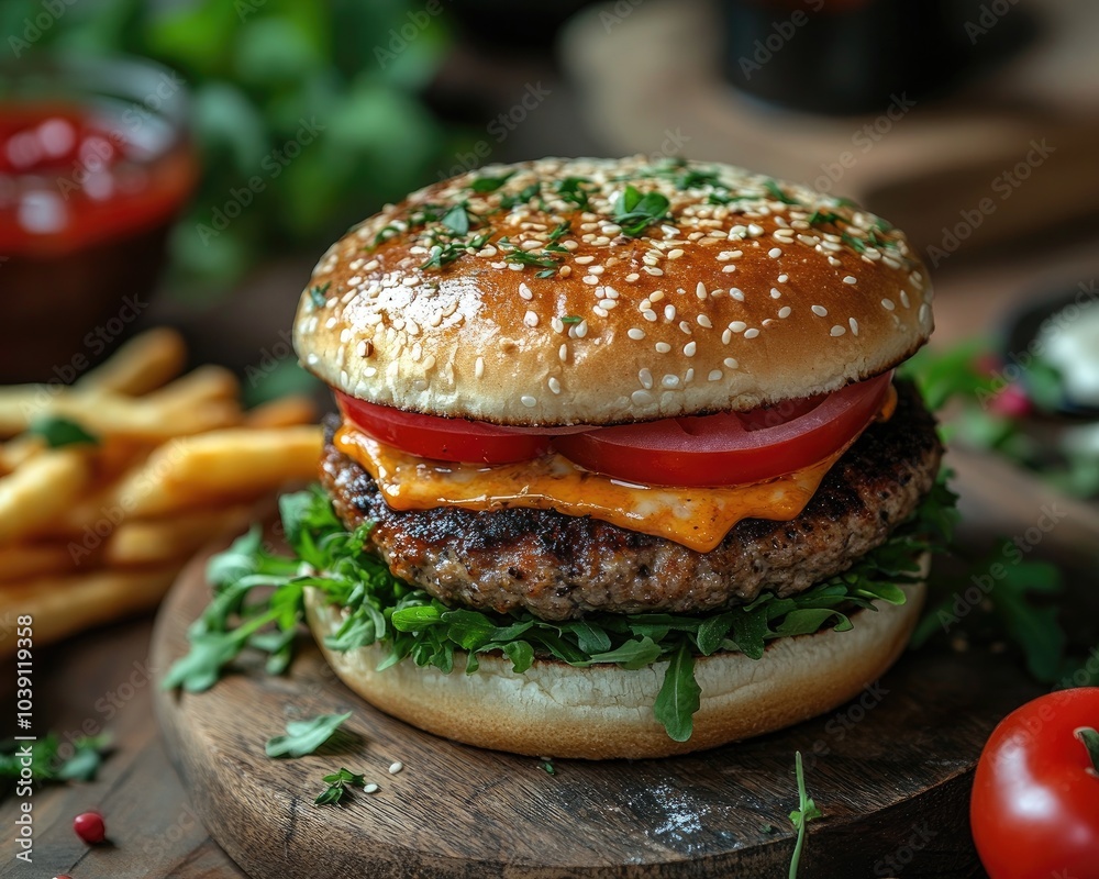 Juicy cheeseburger with tomato and arugula. Perfect for showcasing the deliciousness of a classic meal. Juicy cheeseburger with tomato and arugula. Perfect for showcasing the deliciousness of a classic meal.