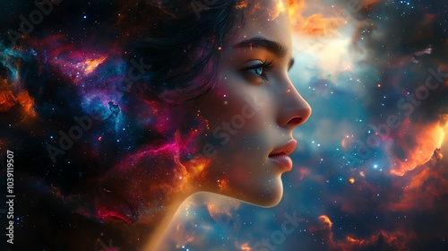 Cosmic portrait of a woman in a colorful galaxy backdrop