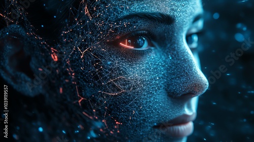 Digital portrait with glowing elements and abstract textures.