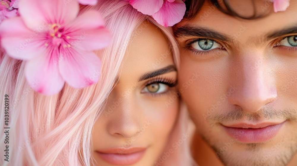 A couple with striking eyes and pink flowers share an intimate moment, AI A couple with striking eyes and pink flowers share an intimate moment, AI