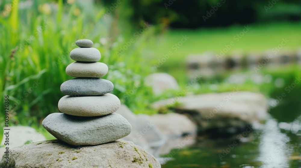 Balanced stones create a serene scene by a tranquil pond in lush greenery, AI Balanced stones create a serene scene by a tranquil pond in lush greenery, AI