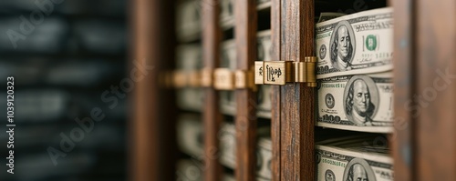 Close-up of money bundles stored in a wooden cash drawer. photo