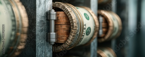 Close-up of stacked coins with detailed design, white isolate background