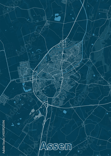 Map of Assen, a city in the Netherlands. The map is rendered in a minimalist style, using a deep blue background with white lines representing roads and waterways.