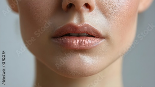 Before-and-after image comparison of a woman's mouth area, showing enhanced skin firmness and reduced wrinkles after anti-aging treatment, Bright Lighting, Realistic