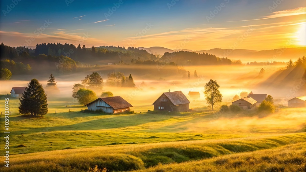 Fototapeta premium Golden Light Illuminates a Misty Valley, Where Houses Nestled Among Rolling Hills and Verdant Meadows, Bask in the Warmth of the Rising Sun