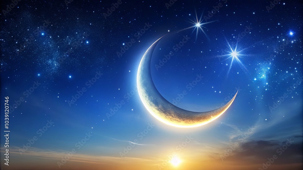 Celestial Embrace A crescent moon shines brightly against a backdrop of twinkling stars and a distant, setting sun, casting an ethereal glow over the heavens. Celestial Embrace A crescent moon shines brightly against a backdrop of twinkling stars and a distant, setting sun, casting an ethereal glow over the heavens.