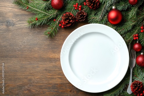 Christmas table with plate, Cutlery and festive decor. Fir branches with red decorations, copy space background - generative ai