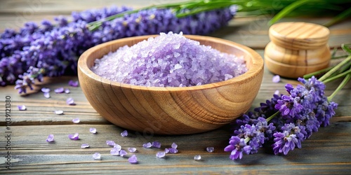 Aromatherapy Ritual Lavender Bath Salts in a Wooden Bowl on a Rustic Surface