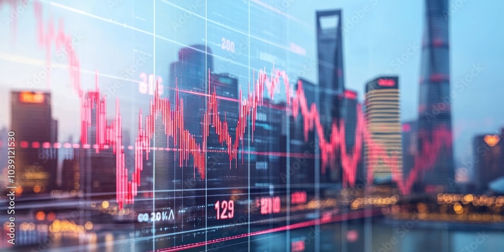 Analysis of the Chinese economy with financial growth charts and red flags integrated into the design Analysis of the Chinese economy with financial growth charts and red flags integrated into the design