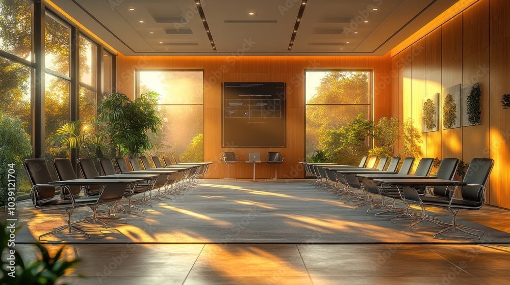 Modern conference room bathed in warm sunlight and greenery. Modern conference room bathed in warm sunlight and greenery.