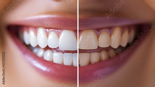 Before-and-after smile comparison post, showcasing the instant whitening effect on teeth, vibrant white teeth against neutral background, Photorealistic, Soft Lighting