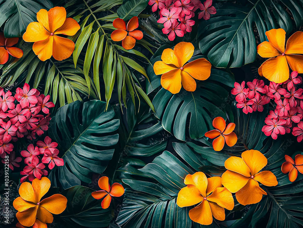 A colorful tropical flower arrangement with green leaves and orange flowers A colorful tropical flower arrangement with green leaves and orange flowers