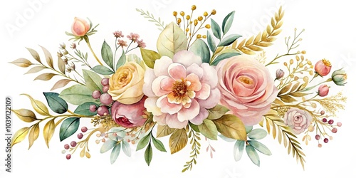 A watercolor illustration of a delicate floral arrangement, showcasing soft hues of pink, cream, and golden brown, featuring an assortment of blossoms and foliage, creating a harmonious composition.