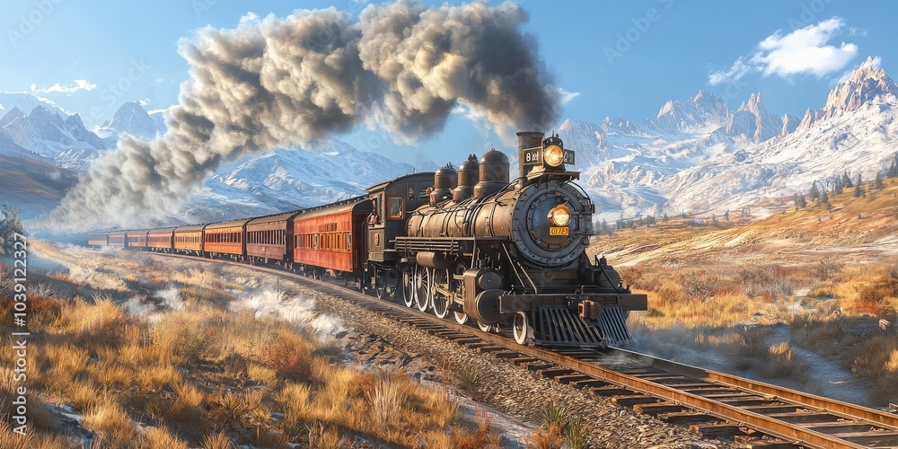A stunning view of a steam locomotive on the Transcontinental Railroad, smoke filling the clear sky, vibrant colors reflecting the energy and transformation of the industrial revolution. A stunning view of a steam locomotive on the Transcontinental Railroad, smoke filling the clear sky, vibrant colors reflecting the energy and transformation of the industrial revolution.
