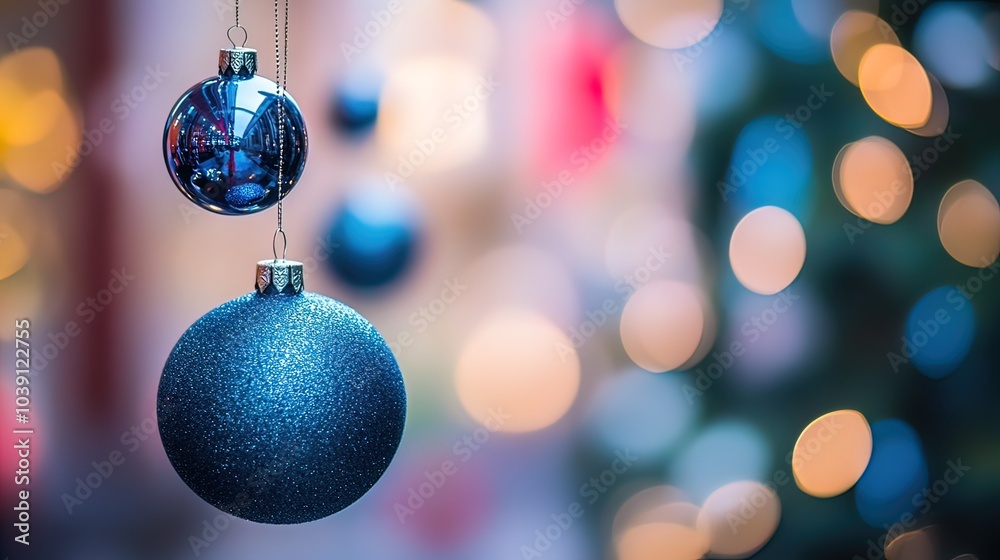 Fototapeta premium Sparkling Blue Christmas Ornaments Hanging Against a Blurred Background