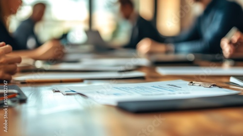 Business insurance meeting in an office, with policy documents on the table