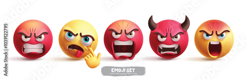 Emoji demon characters vector set. Emojis emoticon character icon collection in evil, annoyed, shouting, cruel and scream facial expressions in white background. Vector illustration graphic design 