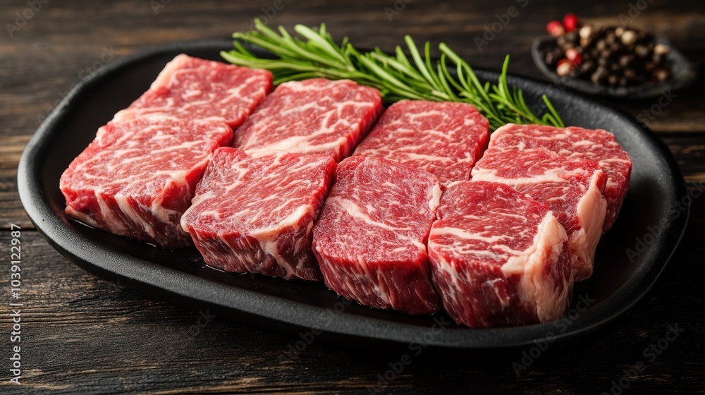 Butcher presenting Wagyu beef cuts, showcasing marbling and freshness Butcher presenting Wagyu beef cuts, showcasing marbling and freshness